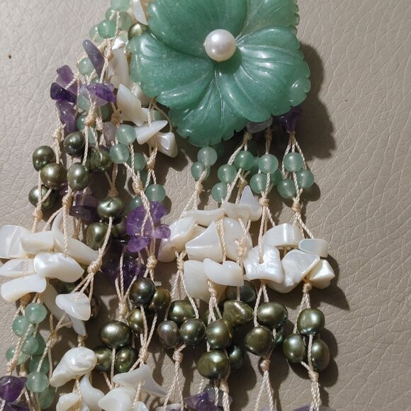 Vintage Floral Flower Necklace Gemstone MOP Shell Aventurine Pearl Amethyst - Picture 7 of 16